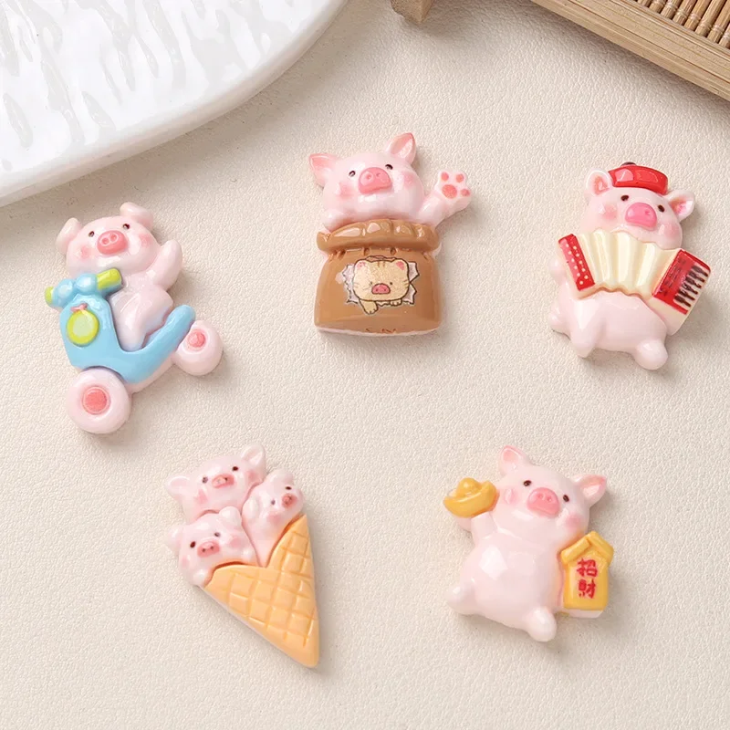 5pcs Cartoon Diy Resin Accessories Jewelry Lucky Pig Resin Flatback Handmade Hairpin Mobile Phone Case Shoe Buckle Accessories