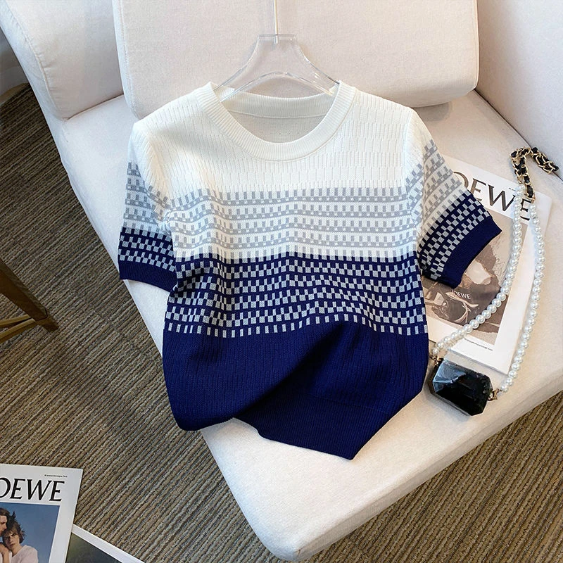 

Woman Striped Knitted Tshirt Sweater Female Summer Ice Silk Stylish Vintage Slim Ladies Knitwear Short Sleeve O-neck Tops Q897