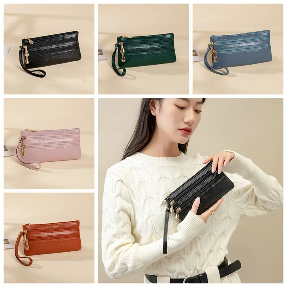 Solid Color Two Zipper Coin Purse Multi-pocket Large Capacity Lychee Pattern Long Wallet Storage Bag Card Holder Female/Male