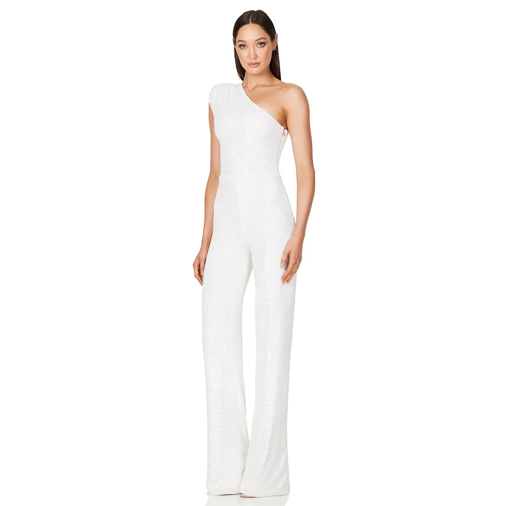 Vrouwen Sexy Elegante V-hals Lovertjes Een Schouder Lange Mouwen Hoge Taille Lange Wijde Pijpen Broek Jumpsuits Rompertjes