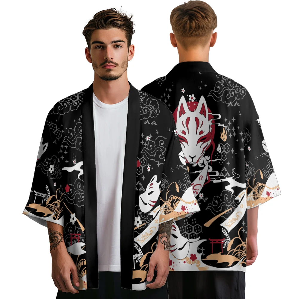 

Summer Japanese Samurai Clothes Fox Kimono Men Hawaiian Shirt Beach Cardigan Yukata Women Clothes Fashion Haori Bathrobes