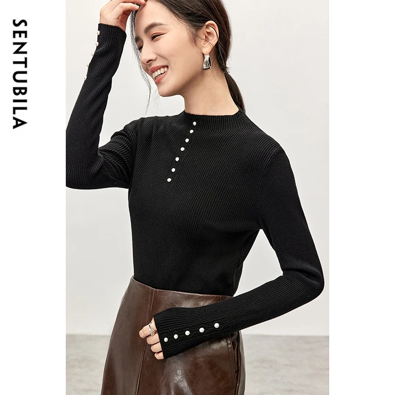 SNTUBILA Slim Fit Dzianinowe Wełniane Pulowery Dla Kobiet 2024 Jesień Mock Neck Długi Rękaw Pearl Cup Solid Basic Women Tops W43E57250