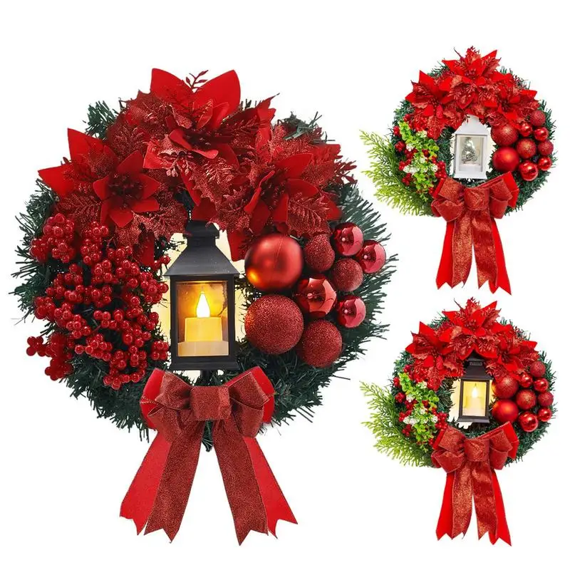 

Christmas Wreath Decorative Wreath With Lamp Red Bow Berry Christmas Balls Lighted Artificial Wreaths For Wall Mantle Christmas