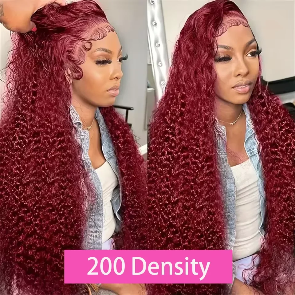 46 long inches 13x6 HD Front Wigs Transparent Lace wigs 200 Density 99j Burgundy deep wave human hair in Brazilian human hair image 2