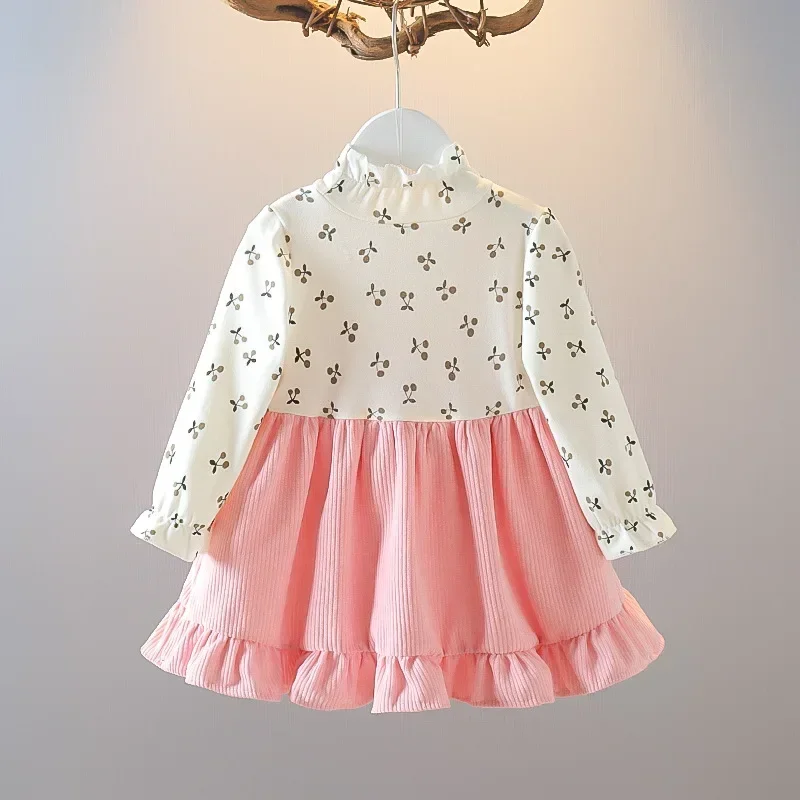 (Girls 0-3 Years Old) New Fall New Girls Dress Fake Two Upper Body Knitwear Suspenders Corduroy Floral Bear Fluffy Lace Pleats