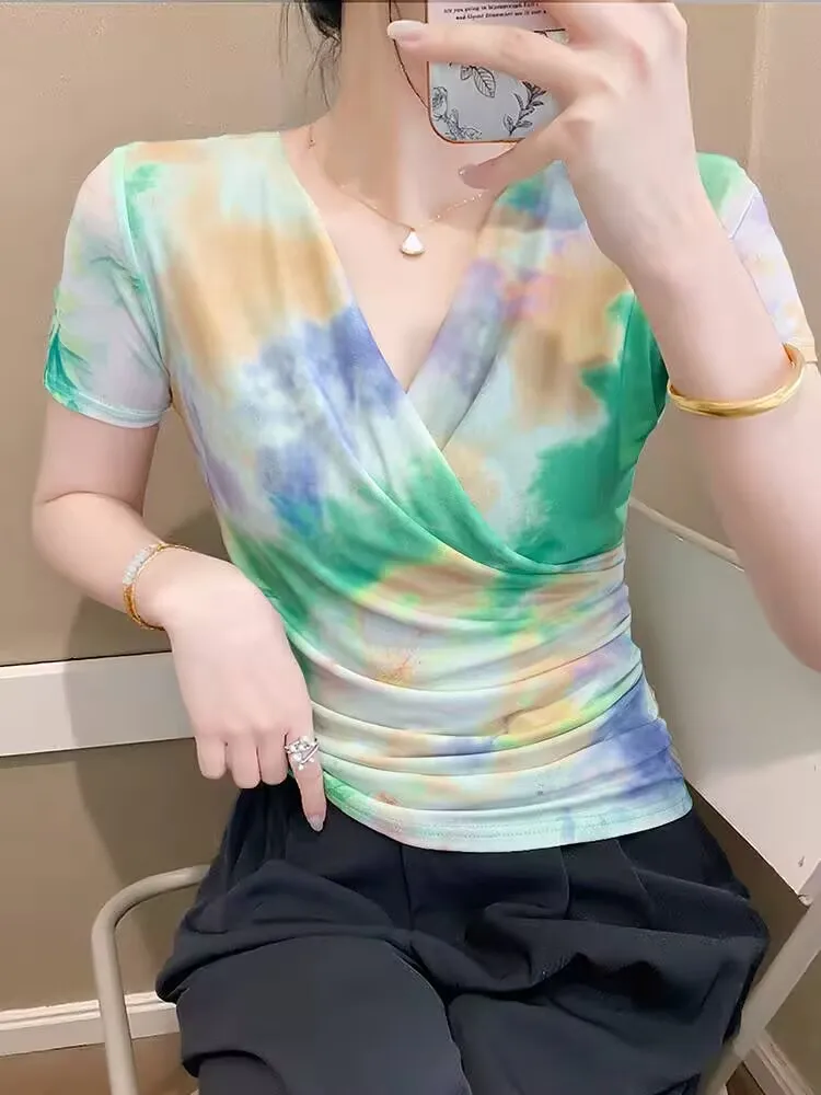 

All-match Pleated Trend Printed Flowers High Stretch T-shirt Spring Summer Woman Short Sleeve Slim V-neck Skin-friendly Tie Dye