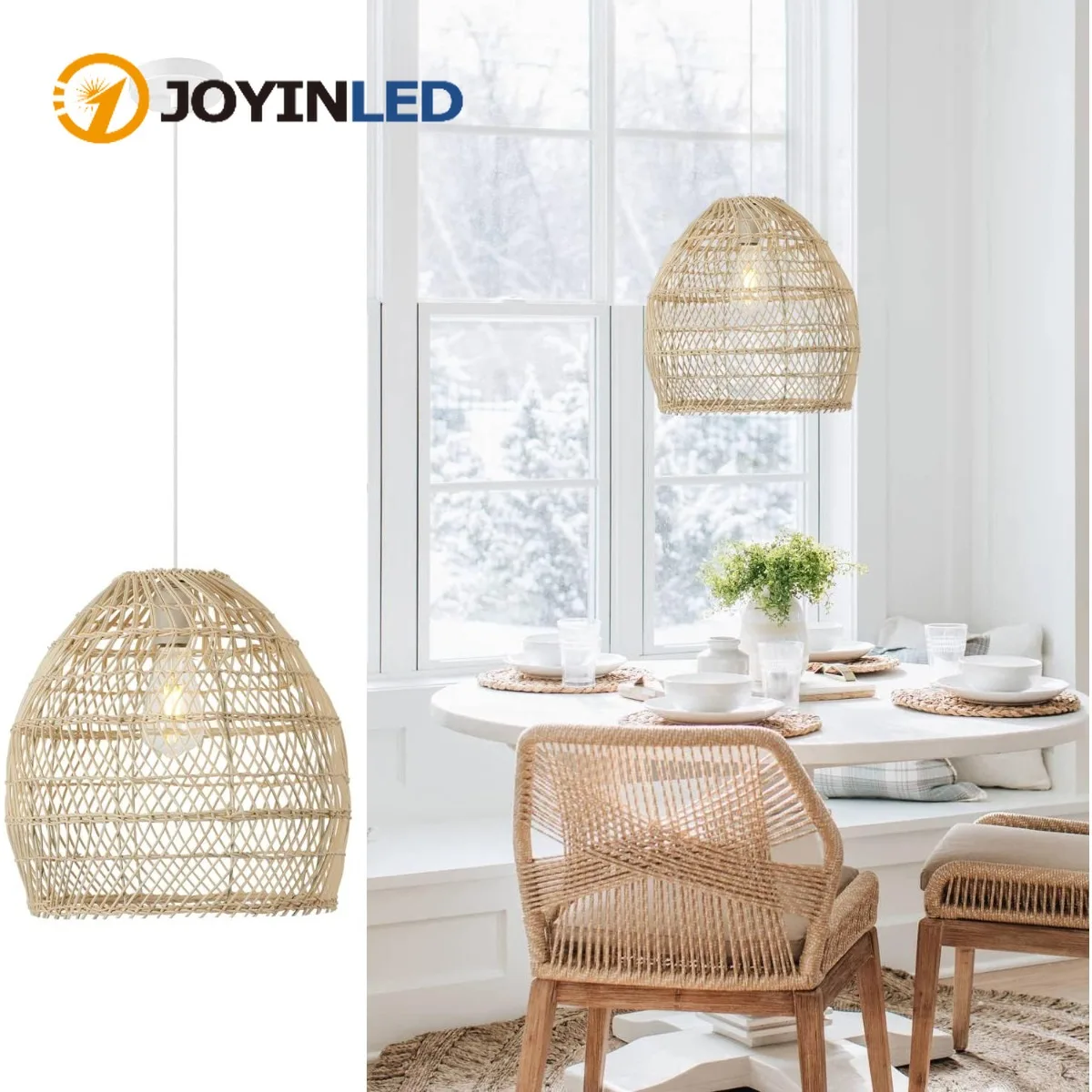 

JOYINLED Hand-Woven Bamboo Ceiling Hanging Lamp Natural Beige Boho Pendant Light Kitchen Island Dining Room E27 Lighting Fixture