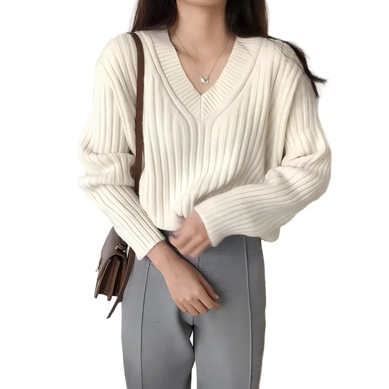 

Korean Striped V-Neck Sweater Women 2025 Chunky Knit Long Sleeve Oversized Loose Fit Winter Warm Cozy Fall Basic Top Casual