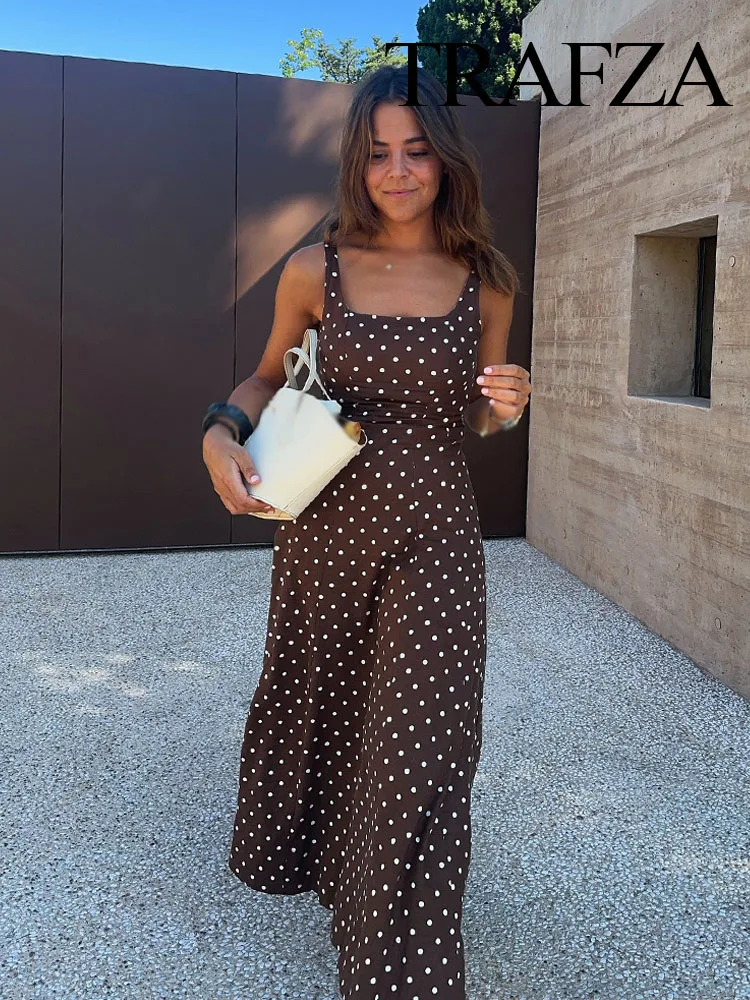 

HH 2025 Woman's Summer Holiday Style Brown Dots Square Collar Backless Zipper Long Dress Female Fashion Sleeveless Dress