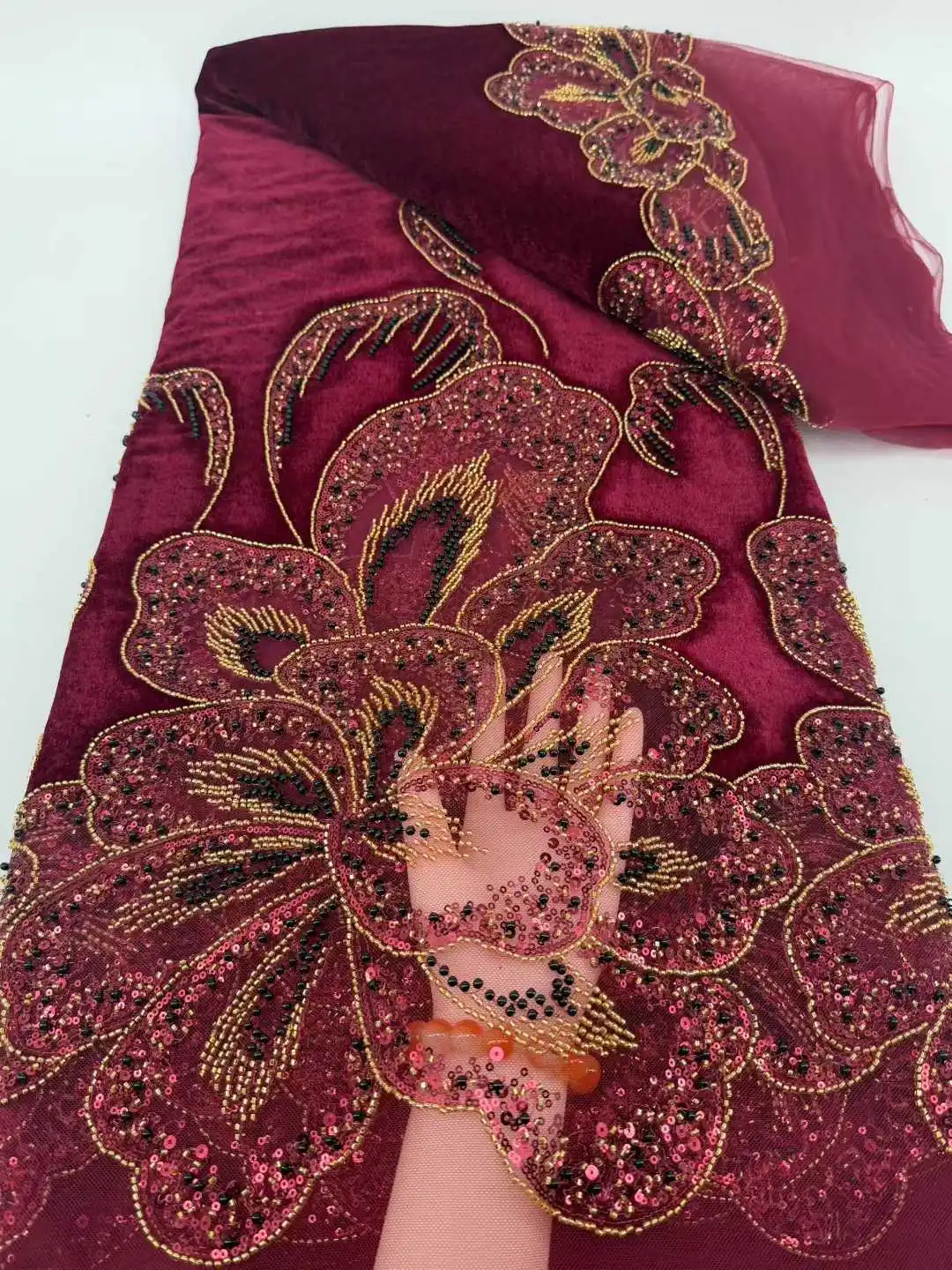 Luxury African Black Velvet Beaded Sequin Lace Fabric Wine Red Groom Embroidery Fabric French Ladies Evening Dress Sewing SZ1986