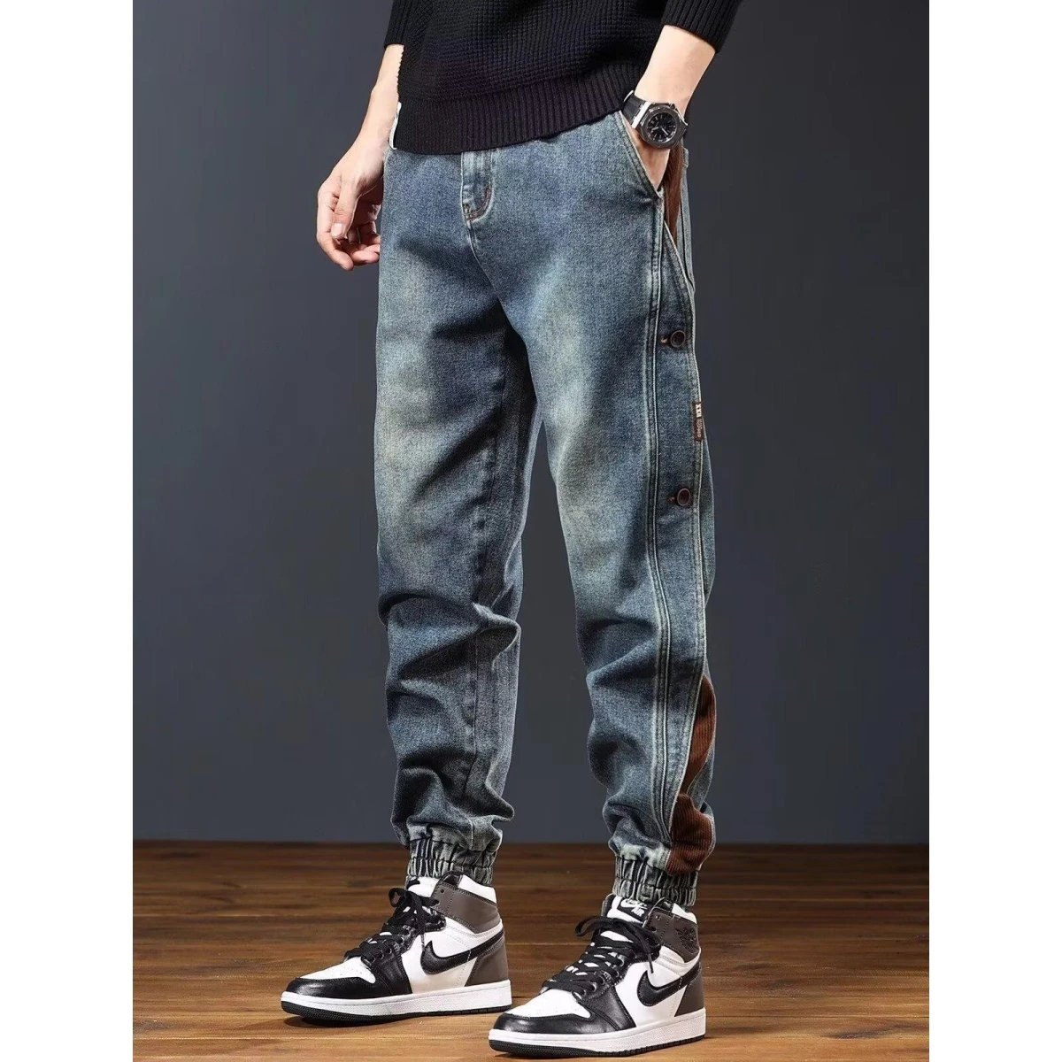 

Модные мужские джинсы свободного прямого кроя, рабочая одежда, с высокой талией, из смесового хлопка и полиэстера, быстросохнущие, прямые брюки-трубы, длинные штаны