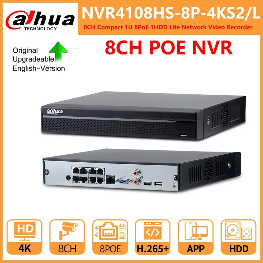 

Dahua Original 8CH 8PoE 1HDD NVR NVR4108HS-8P-4KS2/L AI by Camera Face detection SMD IVS Surveillance Network Video Recorder