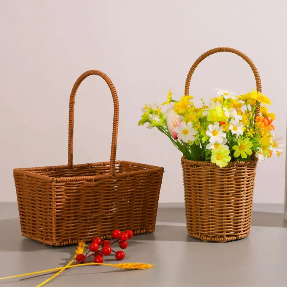 Imitation Rattan Handhold Weaving Basket with Handle Home Decoration Braid Storage Baskets Vegetable Fruit Flower