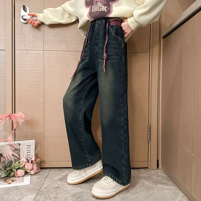 

Модные джинсы большого размера для девочек и подростков, весна/лето 2024, детские широкие джинсовые брюки, горячая распродажа