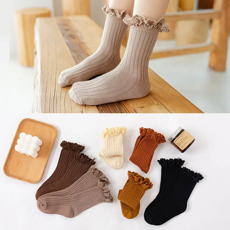 Korean Baby Children Girls Cute Striped Socks Kids School Uniform Stockings Princess Floral Ruffled Long Socks Mid-calf Socks