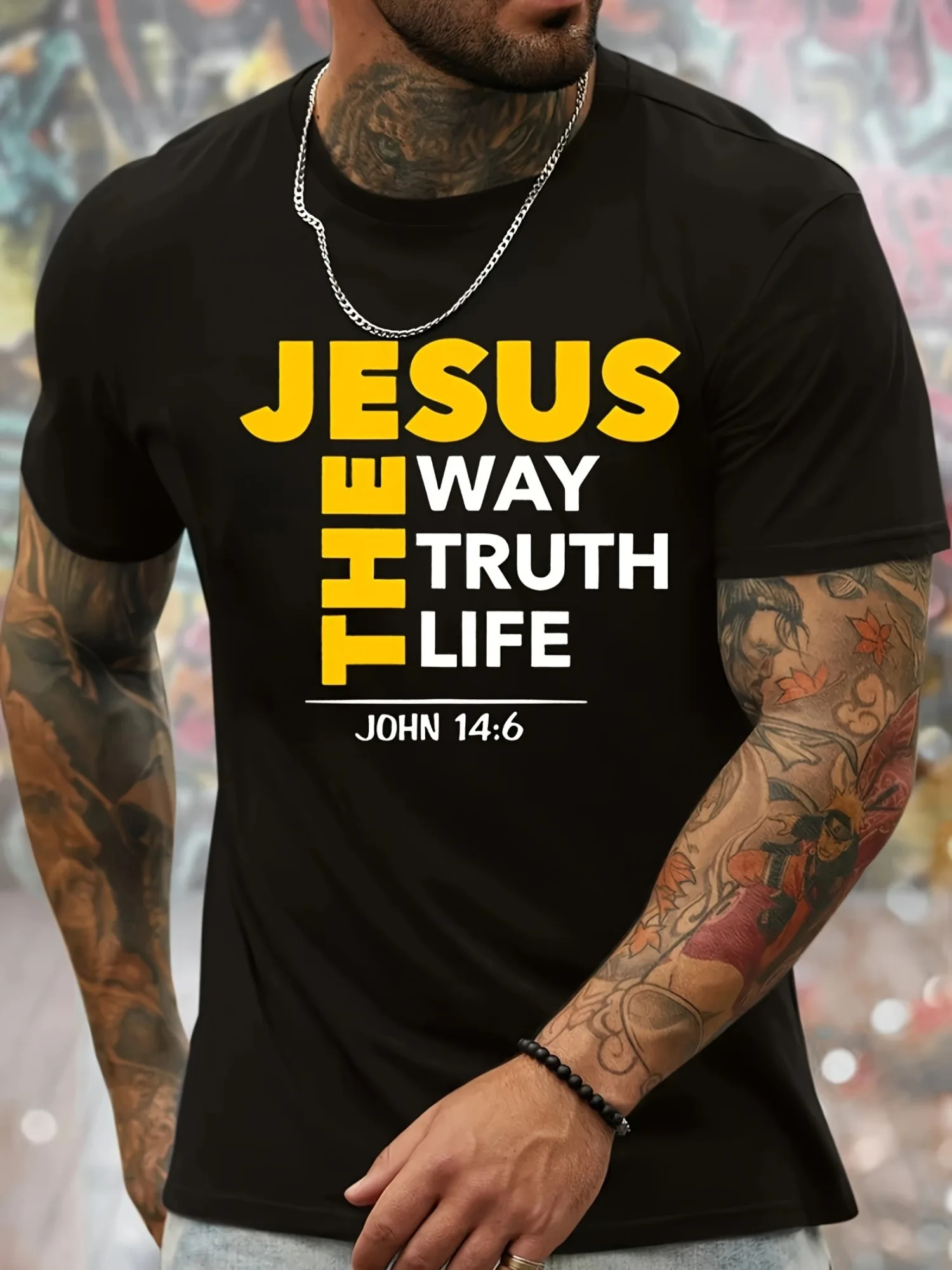 

[Everyday Comfort] Men's "Jesus The Way The Truth The Life" Graphic T-Shirt - Black Crew Neck, Short Sleeve