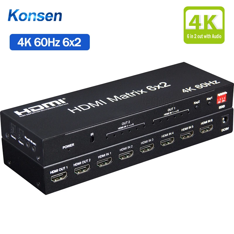 

Матричный коммутатор 4K 60 Гц 6x2 HDMI, коммутатор с оптическим R/L аудио экстрактором, матрица 6 В 2, с преобразователем