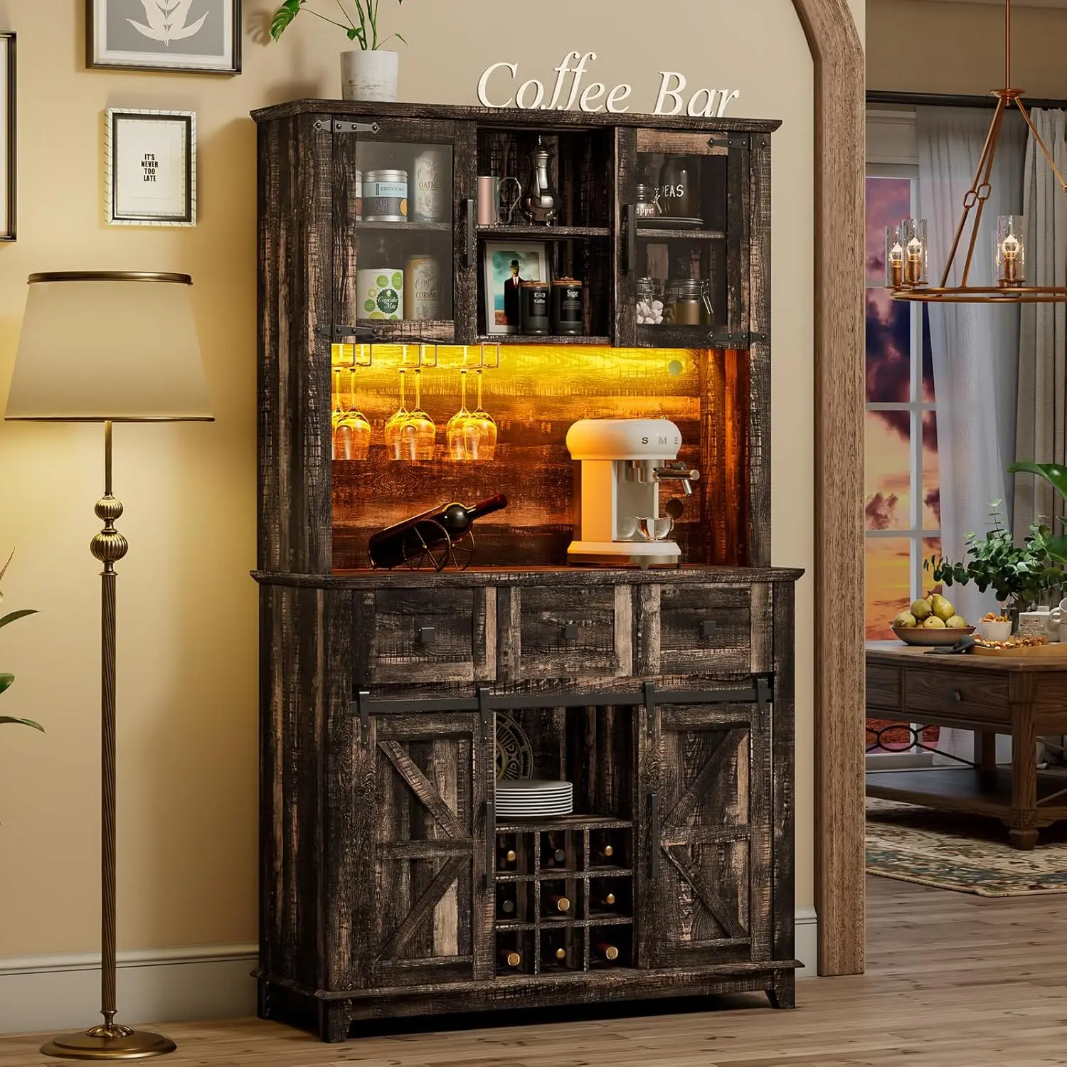 

72" Coffee Bar Wine Cabinet with Sliding Barn Door & LED Lights, Sideboard Buffet Cabinet with Wine Bottle Rack, 3 Drawers, Stor