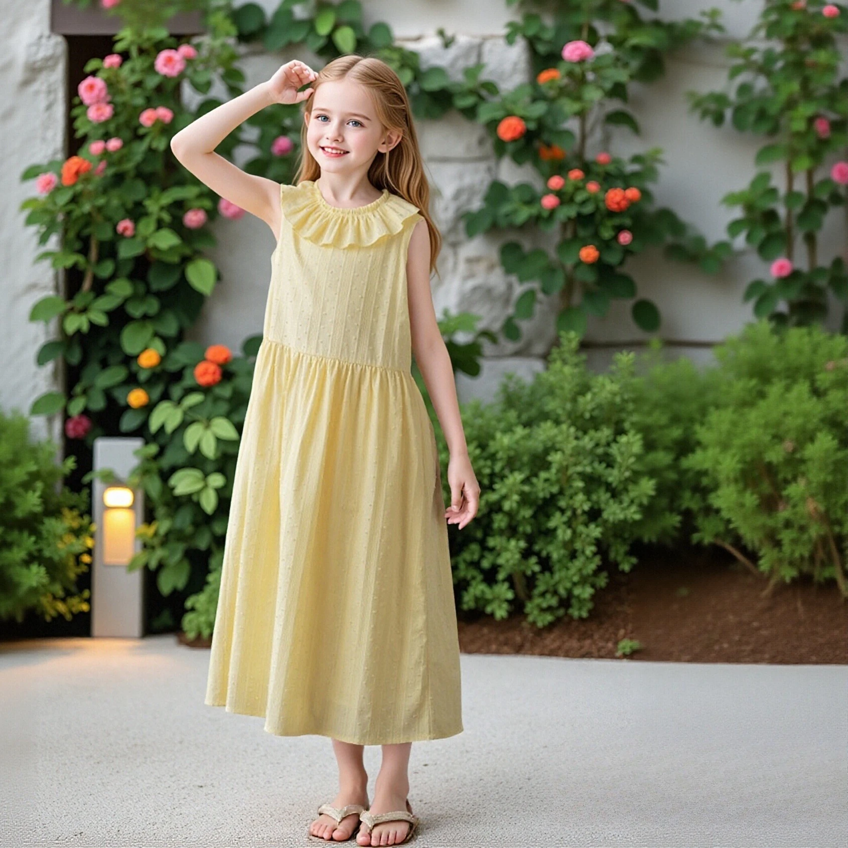 

Girls Jacquard Dress 2026 Summer New Sweet Ruffled Sleeveless Dress Kids Teen Bohemian Casual Midi Dress White/Yellow Party Wear