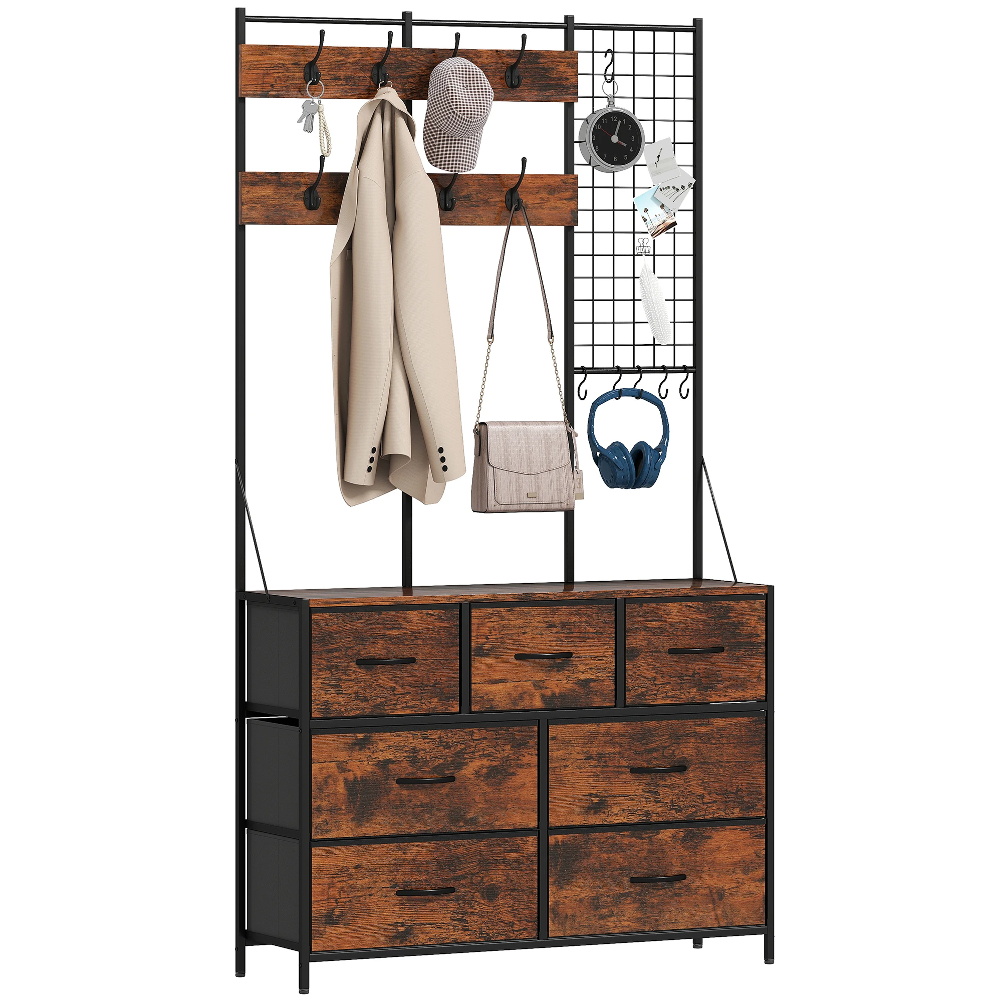 HOMCOM Perchero Zapatero 4 en 1 Perchero Entrada Recibidor con Zapatero 14 Ganchos 7 Cajones de Tela y Estante Estilo Industrial para Pasillo Dormitorio Salón 100x30x183 cm Marrón Rústico