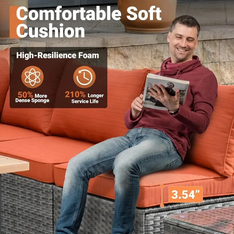 10-Piece Outdoor Patio Furniture Set with Fire Pit Table, Sectional Wicker Couch and Swivel Chairs for Conversation