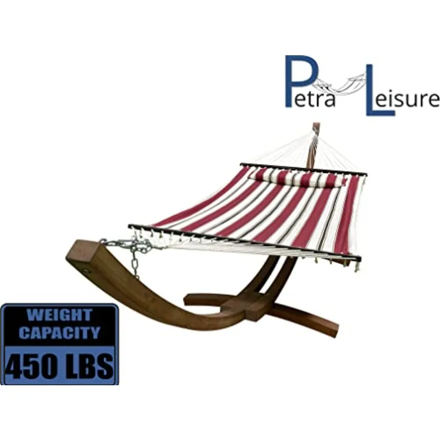 Outdoor wooden arc hammock stand with quilted double padded bed and pillow, teak stain finish with elegant red stripe, 14 ft, 2