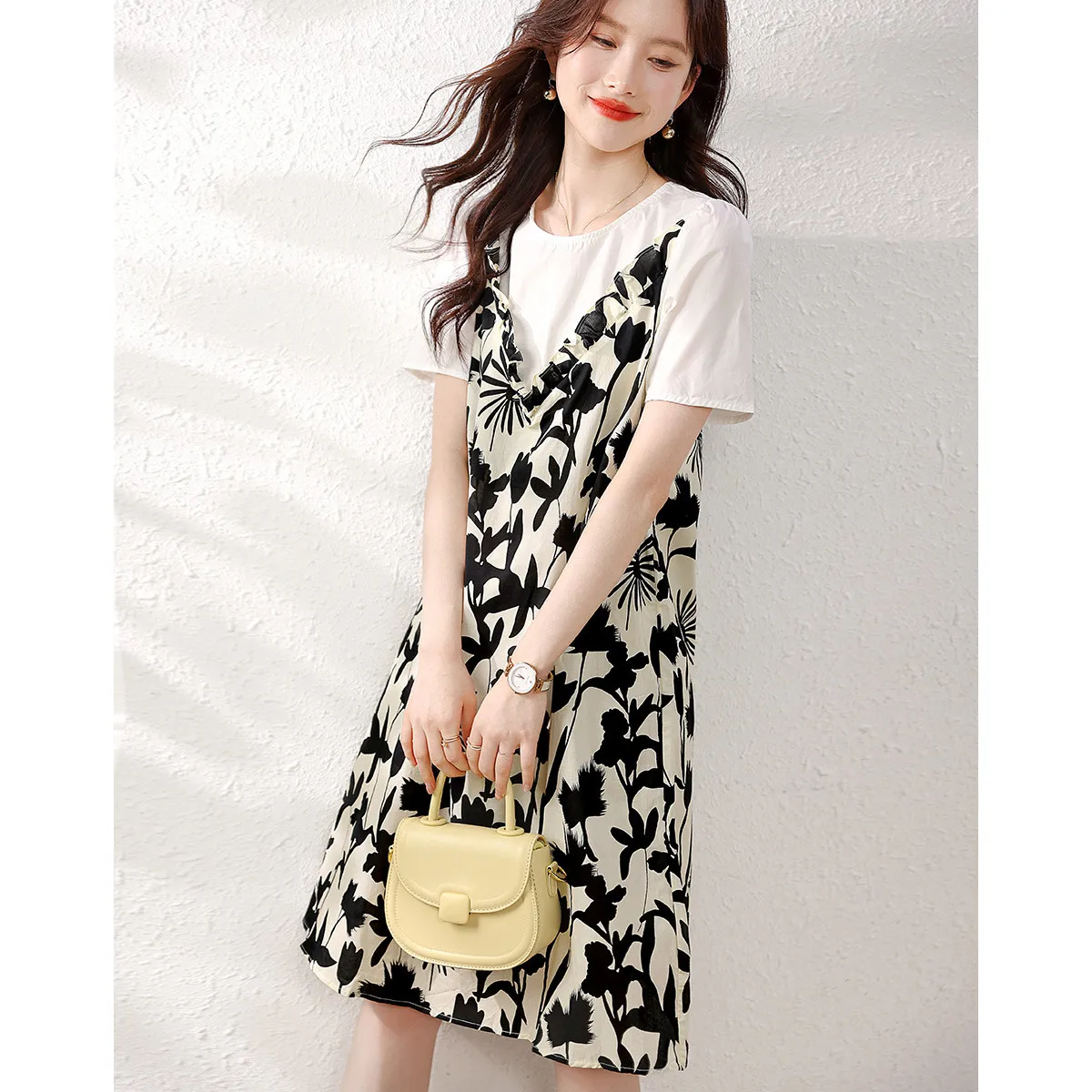 Print Patchwork False 2 Pieces Women'S Summer Dress 2024 New Casual O-Neck Short Sleeve Knee-Length Elegant Female Dresses