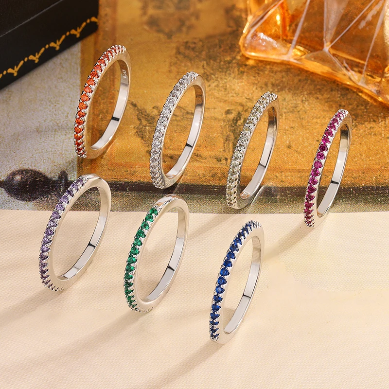 خاتم من الفضة الإسترليني عيار 925 مطلي بالزركون الملون قابل للتكديس مجوهرات نسائية أنيقة هدية عيد ميلاد هدية عيد الحب