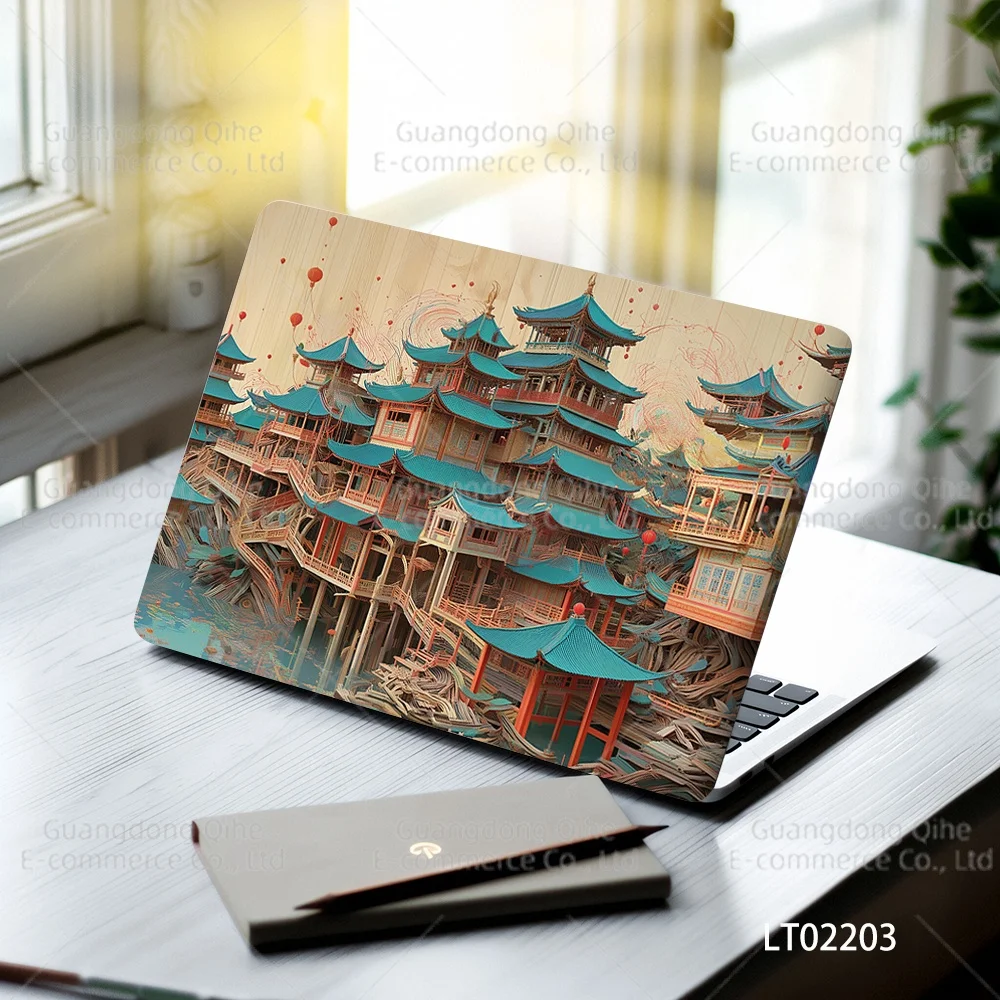 Oriental Building Art Laptop Stickers 2PCS Hand-Painted Chinese Pavilion & Temple Design Waterproof Decal for Ultrabook/Notebook
