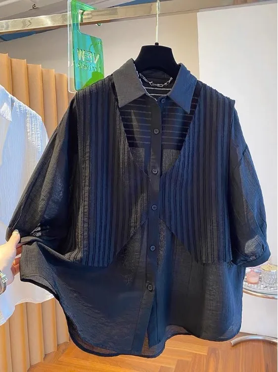 Ele Bla Mo Two-Piece irt Women's ort Sve Loose Design Summer New Sle Five-Quarter Sve Top  Collar