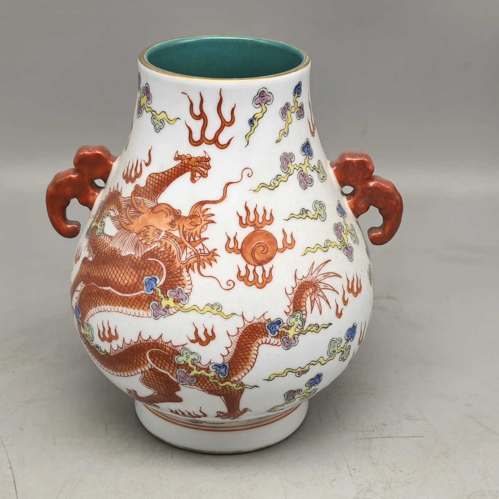 Chinese Qing Kangxi Famille Rose Porcelain Dragon Phoenix Design Vase 7.5 inch