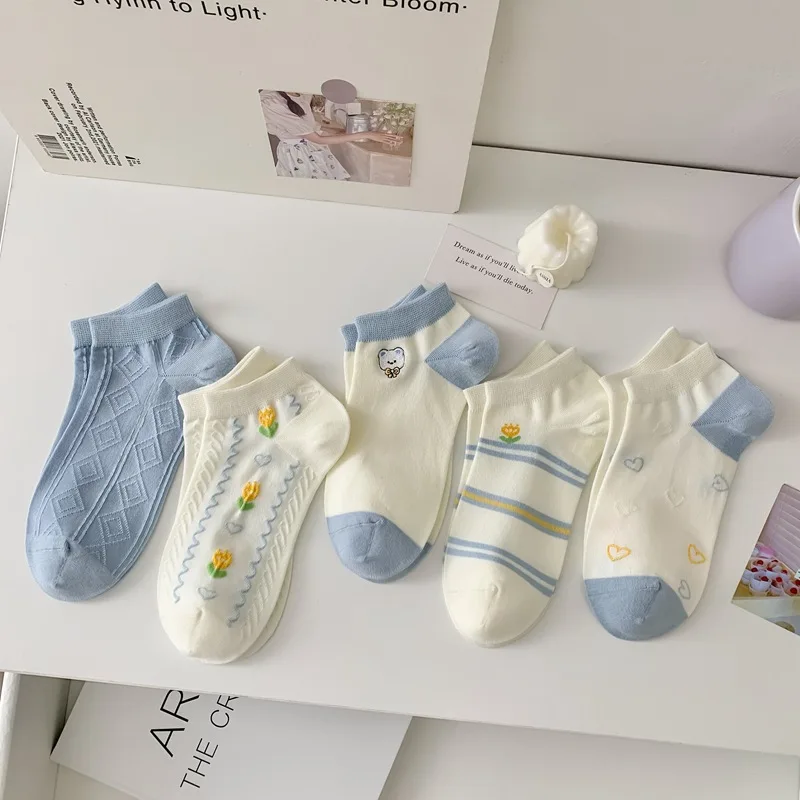 

Socks Women's Japanese Cute Lovely Girl Blue Kawaii Low Cut Socks Spring Summer White Socks Invisible Socks Non-slip Boat Socks