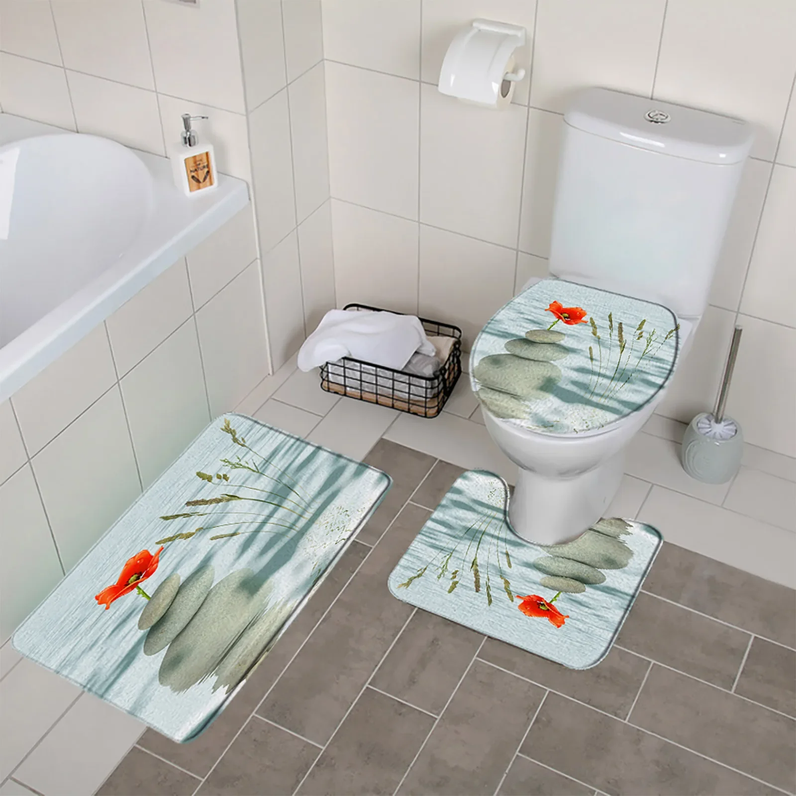 Zen Stone Bamboo 3pcs Bathroom Mat Set Flower Lotus Water Spa Antypoślizgowa flanelowa miękka wycieraczka Dywaniki podłogowe Pokrywa toalety Dywanik — zdjęcie 4