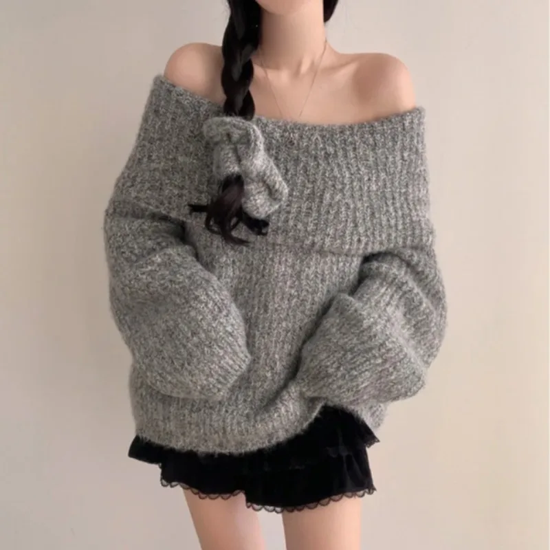 

Chic Korean Style Women's Knitwear Shoulder Bared Long Sleeve Loose Fit Warm Casual Style Long Sleeve Top for Autumn Winter