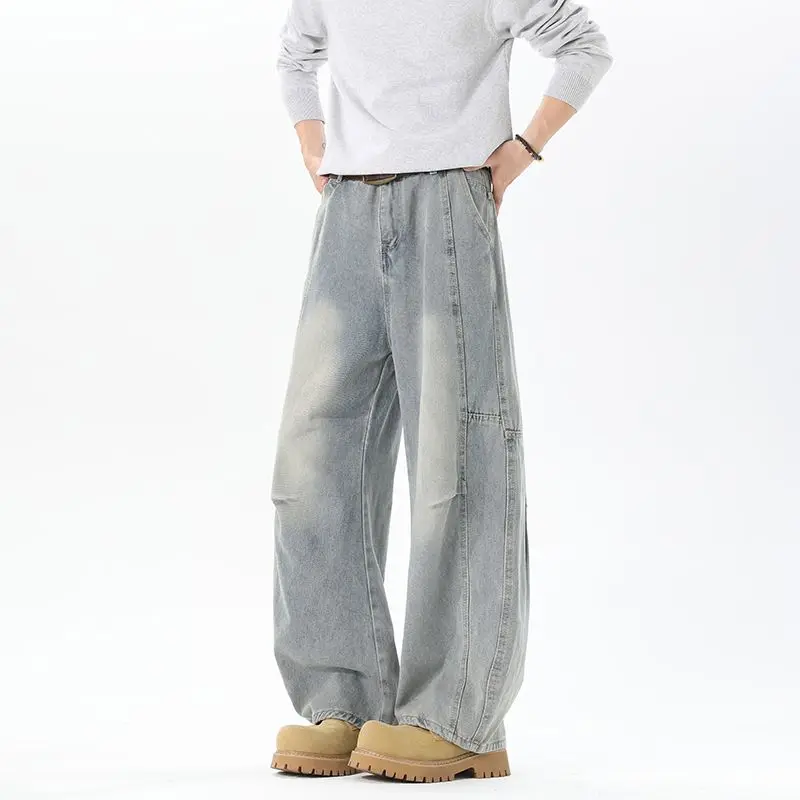 

Американские винтажные свободные мужские джинсы с широкими штанинами, новые весенние повседневные брюки прямого кроя, модная рабочая одежда из хлопкового денима