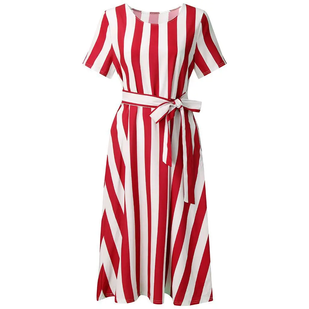 Damen Sweet Sle Gestreifter Casual Dr mit Kettes Or Sve Round Ne Langer Rock mit lockerer Taille aus Polyesterfaser