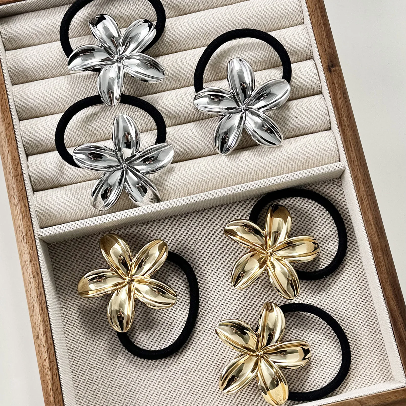 Women Alloy Floral Hair Ties Simple Fairy Sweet Personality Gold/Silver Color Flower Rubber Hairbands Girls Hair Accessories - Image 5