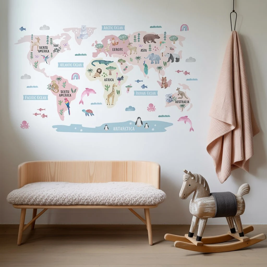 Large Watercolor World Map Wall Stickers  Animals Educational Map of The World Wall Decals for Playroom Kindergarten Classroom