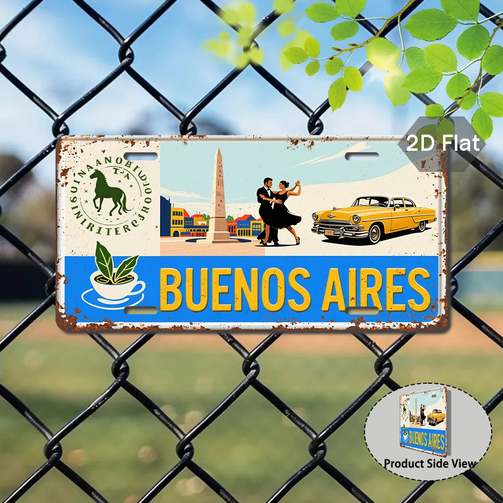 Pintura Metálica de Aluminio 2D Plana Estilo Placa de Matrícula con Temática de Viaje y Coches Clásicos, Diseño Vintage de Tango de Buenos Aires, Argentina
