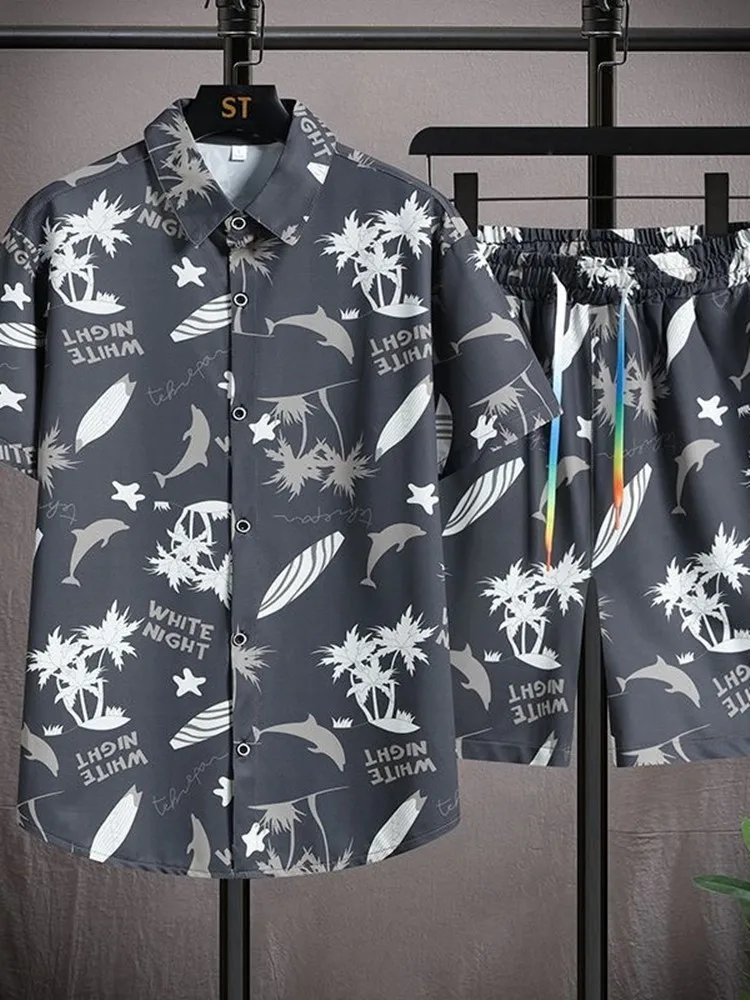 Summer New Sports Ice Silk Beach Short-Sleeved Shirt Set Men's Casual Relaxed Breathable Large Size High-Grade Two-Piece Set