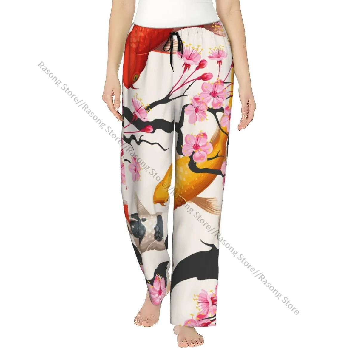 

Women Flannel Lounge Pants Soft Koi Fish And Sakura Cherry Pattern Pajama Pants Winter Sleepwear