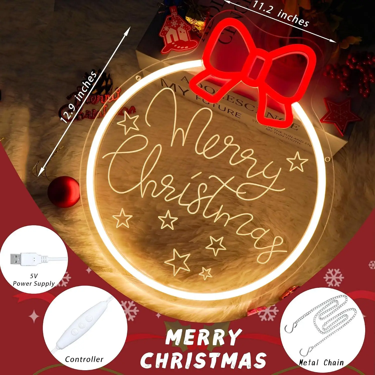 Merry Christmas Round Ornament With Bow Neon Sign USB Dimmable LED Lights For Home Xmas Party Wall Art Decor Holiday Gifts
