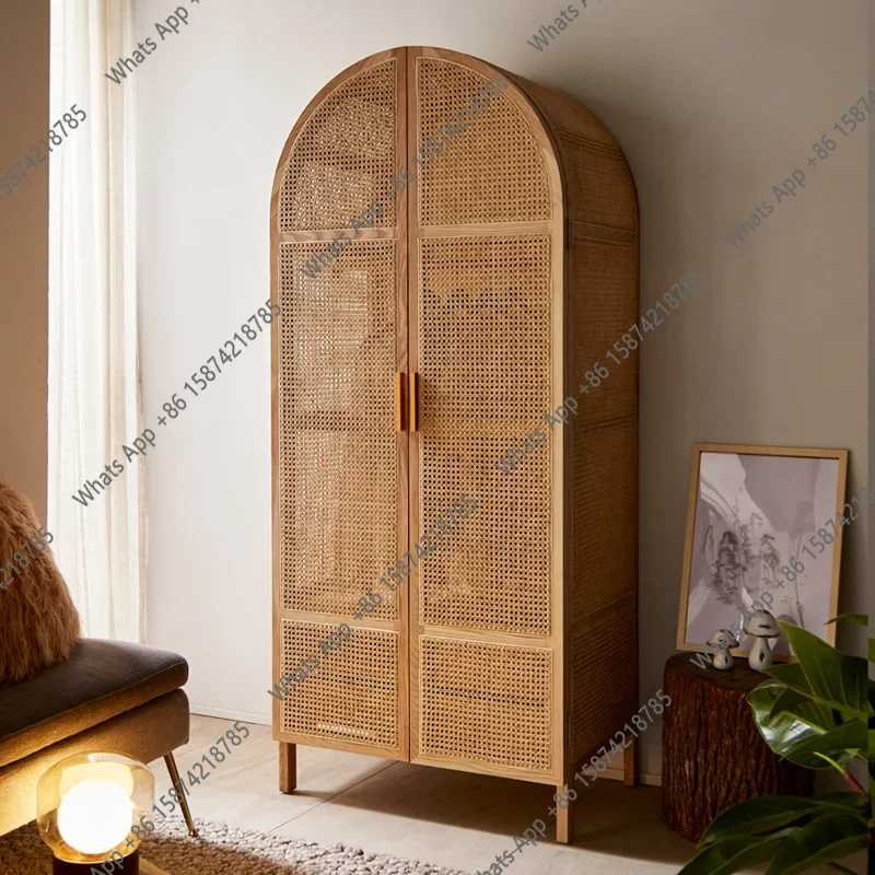 X30 American Light Luxury Solid Wood Bookcase French Retro Rattan Wardrobe Antique Small Apartment Side Cabinet Can Be Customize