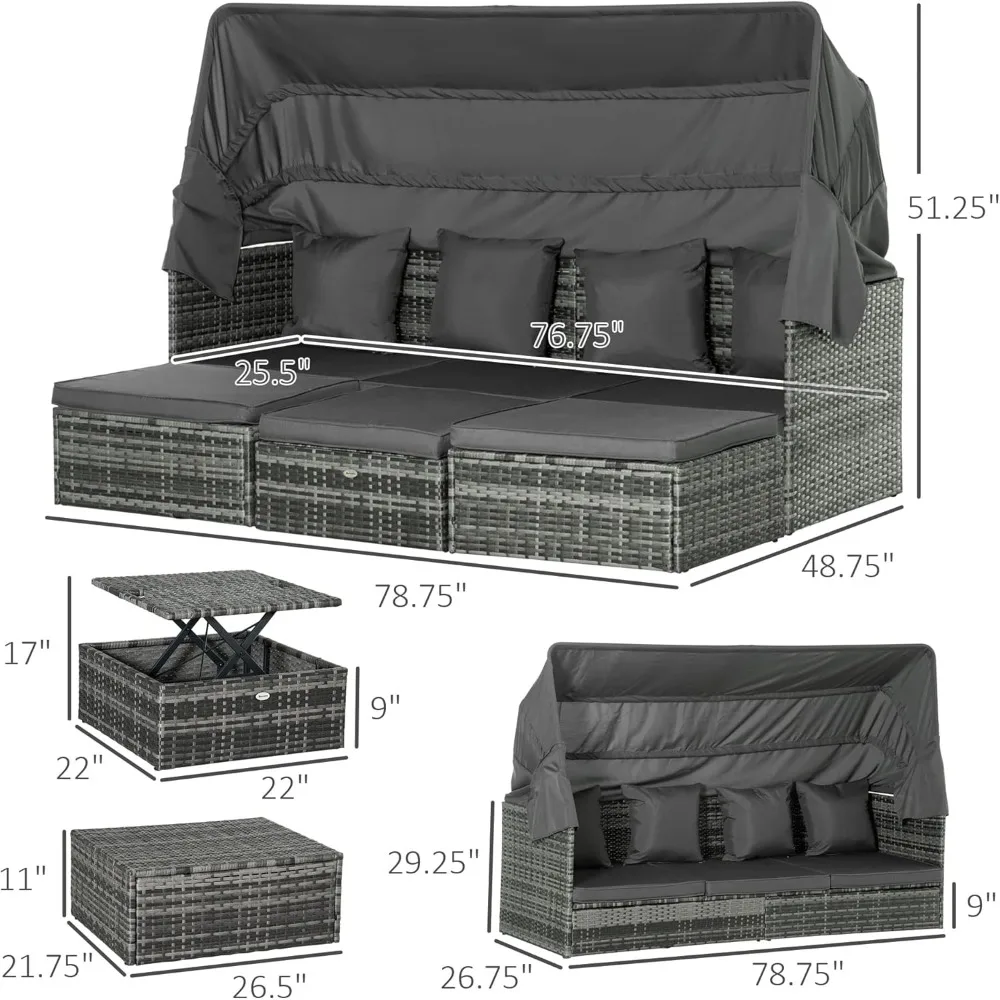4 Piece Patio Furniture Set with Cushions, PE Rattan Daybed with Retractable Canopy, Outdoor Sectional Sofa Set with Backrest