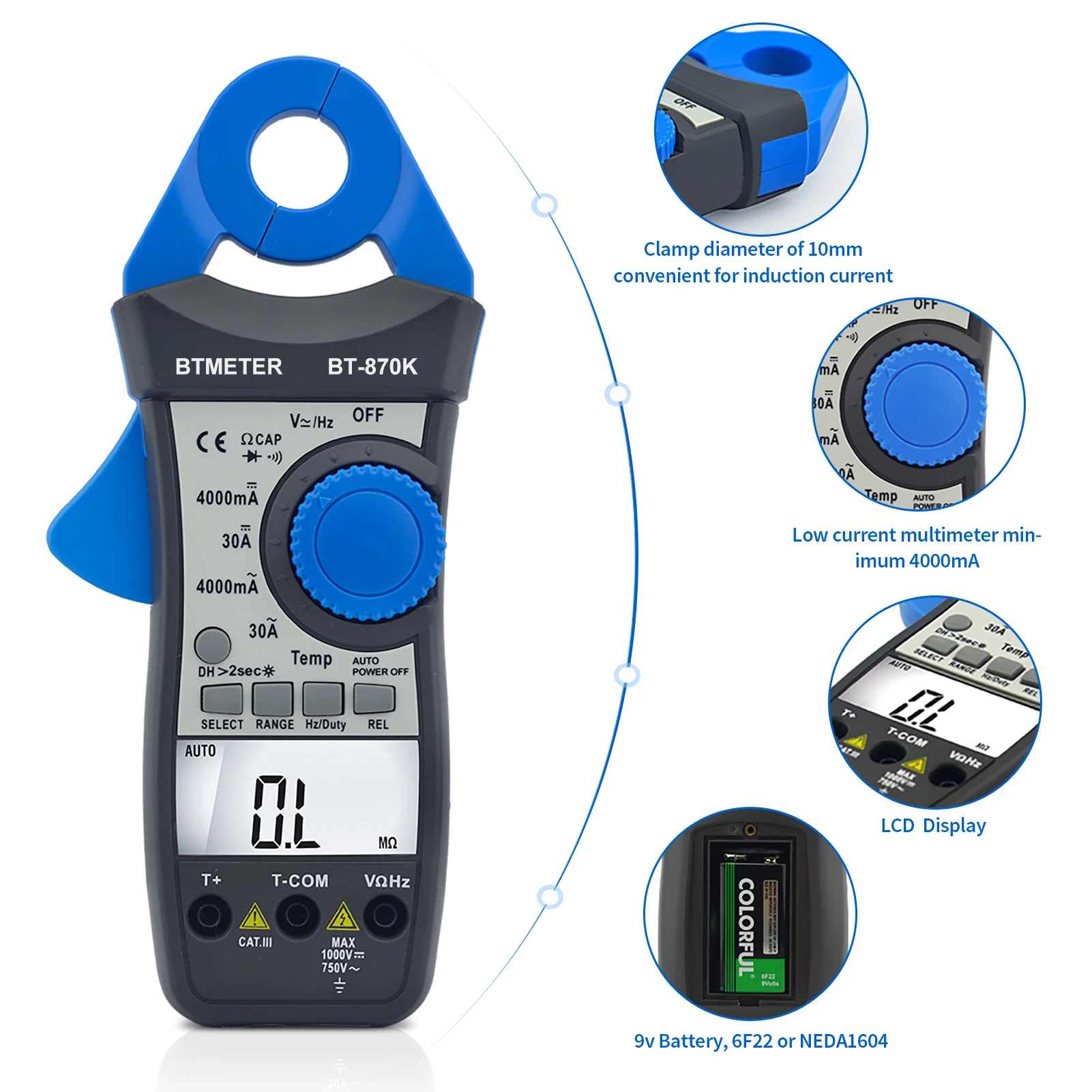 HP-870K المدى التلقائي التيار المتناوب/تيار مستمر المشبك المتعدد التيار المتناوب والتيار المستمر الجهد ، التيار المتناوب وتيار مستمر المقاومة ، التردد ، السعة ، اختبار التشغيل والإيقاف