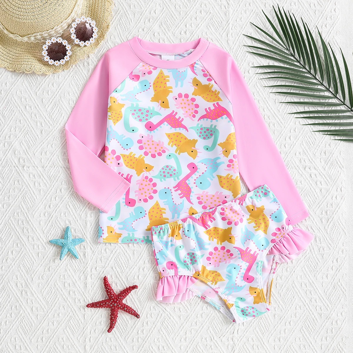 2-teiliges Sommer-Rashguard-Set für Babymädchen mit rosa Dinosaurier-Print, Langarm-Oberteil + Rüschen-Badeshorts, niedlicher UPF-Stil, Strand-/Poolkleidung – Detail 2