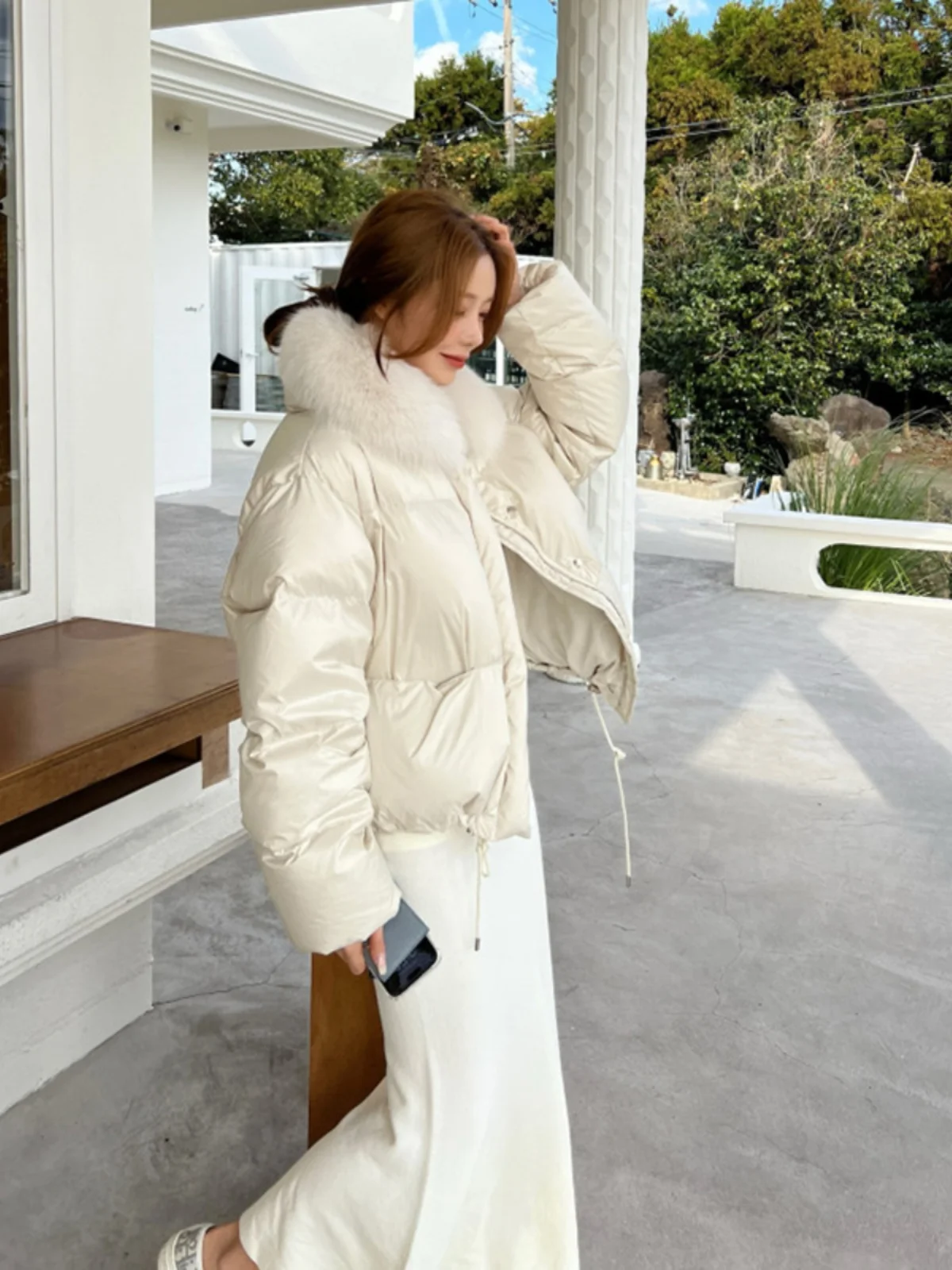 

Korean Style Short Puffer Jacket Women's Winter White Duck down Real Fur Collar Thick Warm Casual Loose Beautiful Outerwear