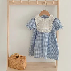 Summer Toddler Baby Girl Dress Ruffles Dress Casual Kids Cotton Lace Blue Plaid A-line Dresses Short Sleeve Children Clothing
