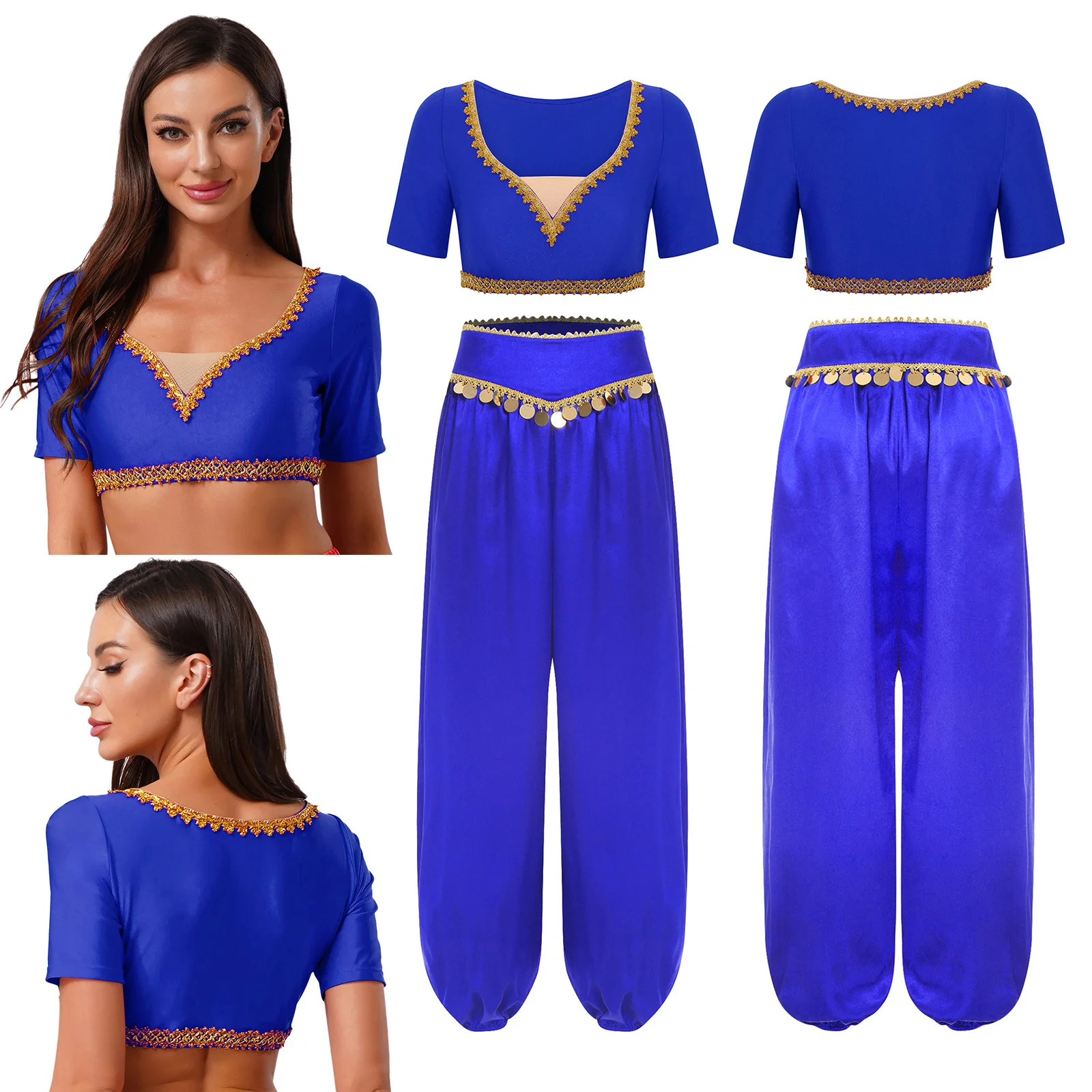 

Women Belly Dance Outfit Short Sleeve Gold Trim Crop Top And Sequin Tassel Long Pants 2-piece Set for India Folk Dance Outfits