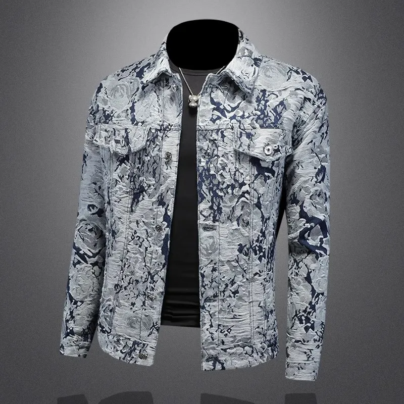 

High Quality Spring Autumn Men's Denim Jacket Casual Long Sleeve Single Breasted Ripped Lapel Trendy Jacquard Plus Size